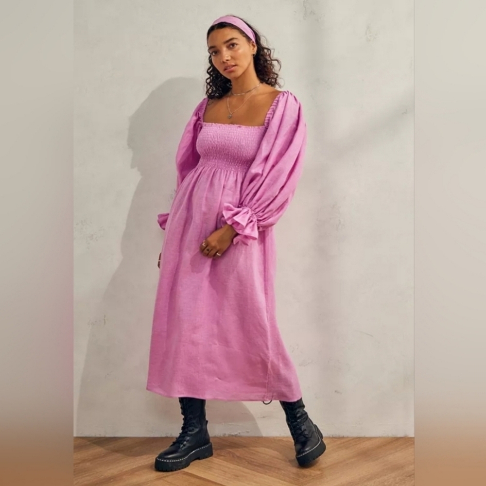 Sleeper Pink Smocked Bodice Midi Dress with Puff Sleeves